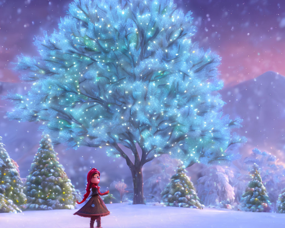 Girl in Red Hood Standing in Snow with Blue Tree and Falling Snowflakes