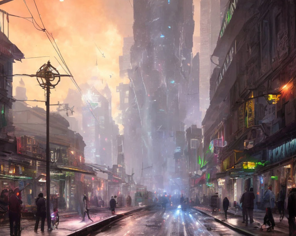 Busy futuristic city street with neon signs, towering buildings, and misty backdrop