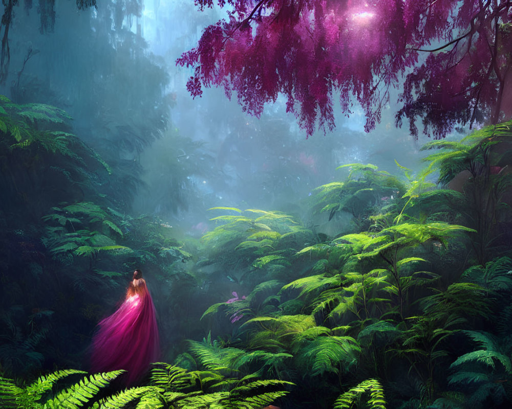 Person in pink cloak in vibrant forest with purple light