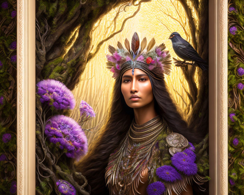 Woman with Feather Headdress and Raven in Golden Frame
