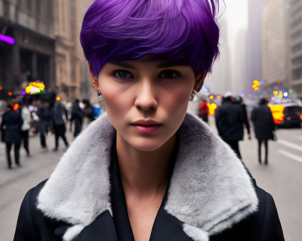 Person with Striking Purple Hair in Black Coat on City Street