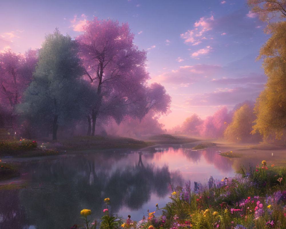 Tranquil dawn landscape with river, flowering trees, and wildflowers