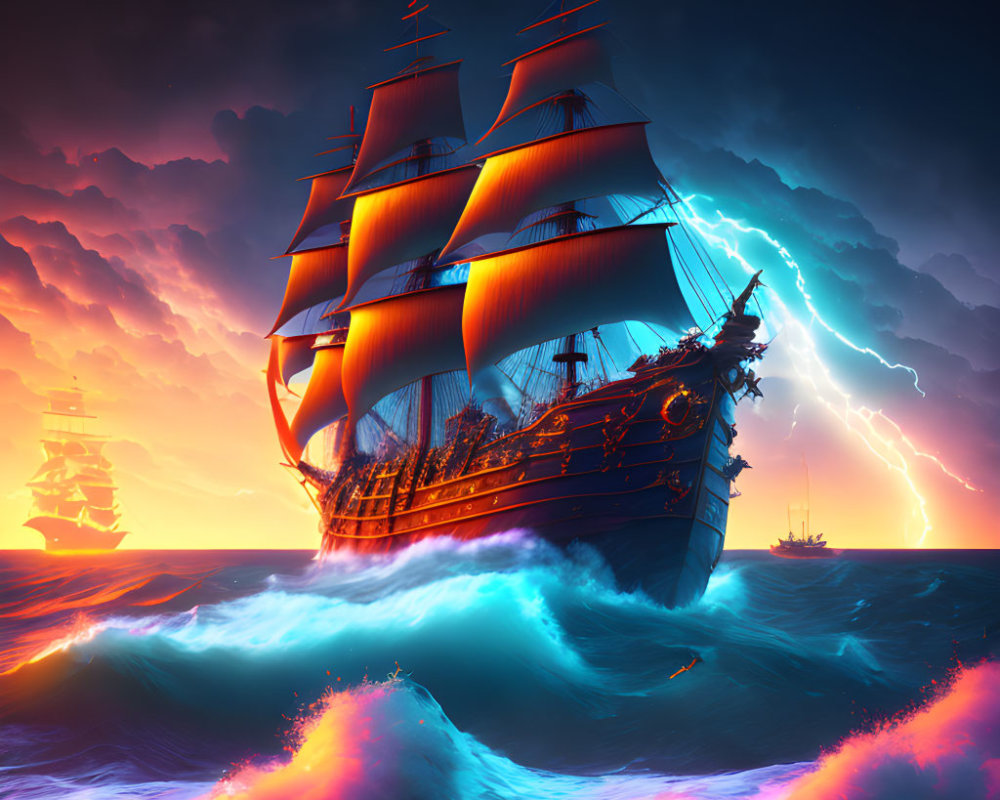 Colorful digital artwork: tall ships in stormy sea with lightning