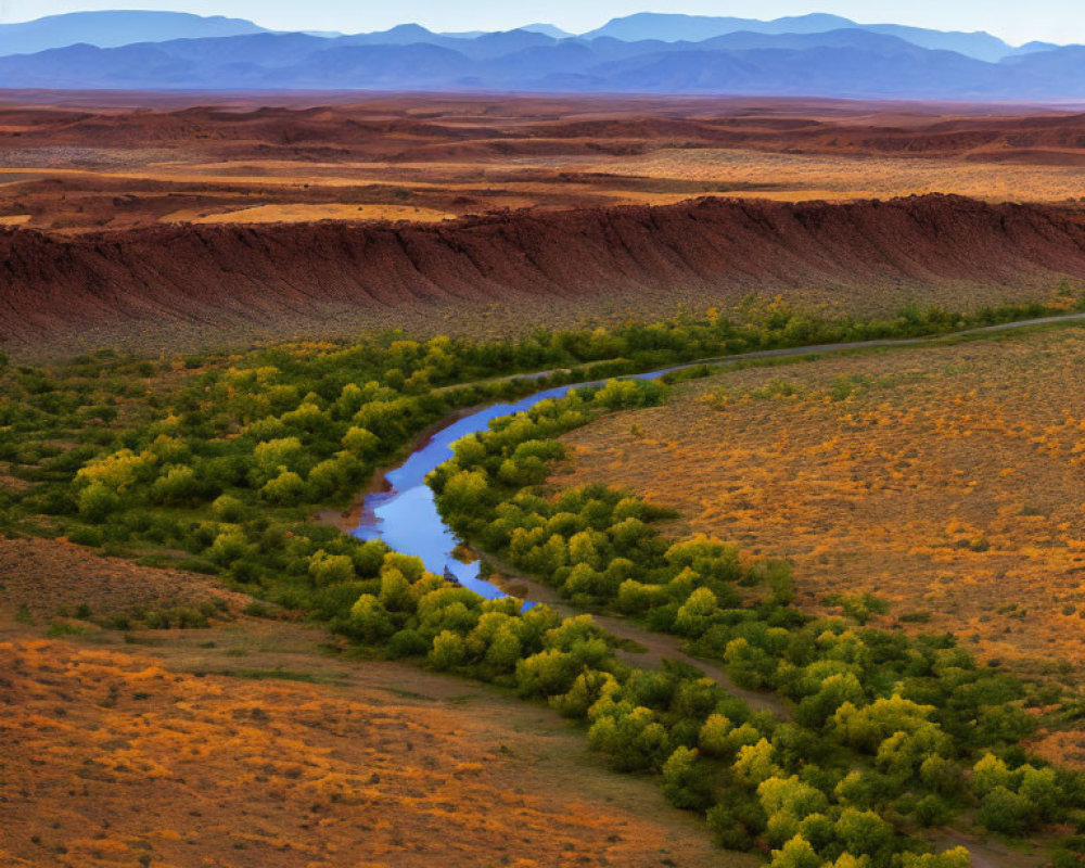 Serpentine river winding through dry landscape with orange soil and green shrubbery against layered mountain ranges