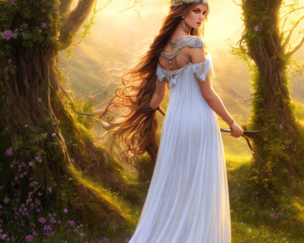 Fantasy artwork: Woman in white dress with wavy hair in sunlit forest.