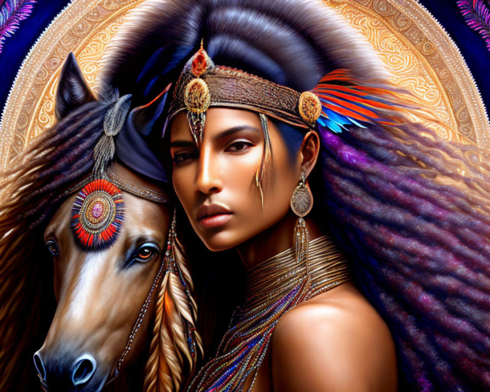 Vibrant digital artwork featuring woman and horse with decorative elements