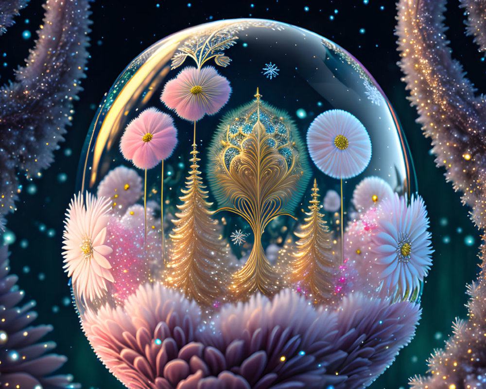 Fantastical glowing golden tree in transparent bubble with whimsical flowers and stars.