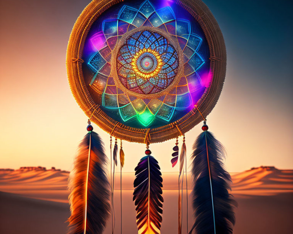 Colorful dreamcatcher with intricate patterns in desert sunset scene