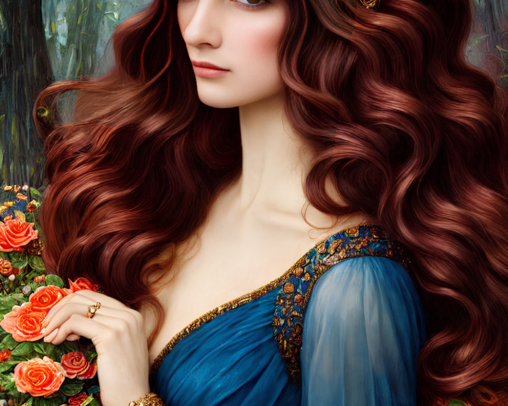 Portrait of woman with auburn hair, blue dress, golden accents, and orange roses.