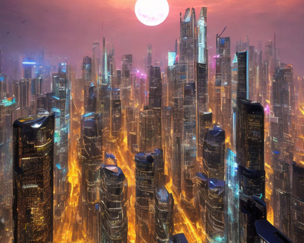 Futuristic cityscape with illuminated high-rise buildings at dusk