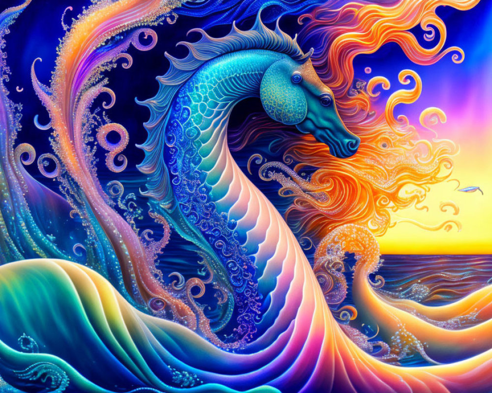 Colorful Fantastical Seahorse Illustration with Ocean Sunset Backdrop