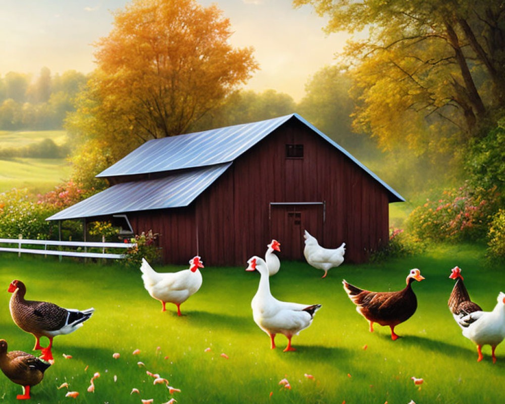 Scenic rural landscape with red barn, white fence, ducks, geese, and lush greenery