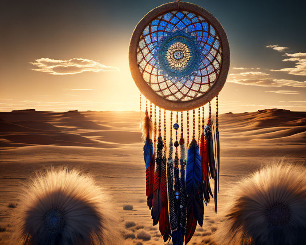 Dreamcatcher hanging against golden sand dunes under sunset sky