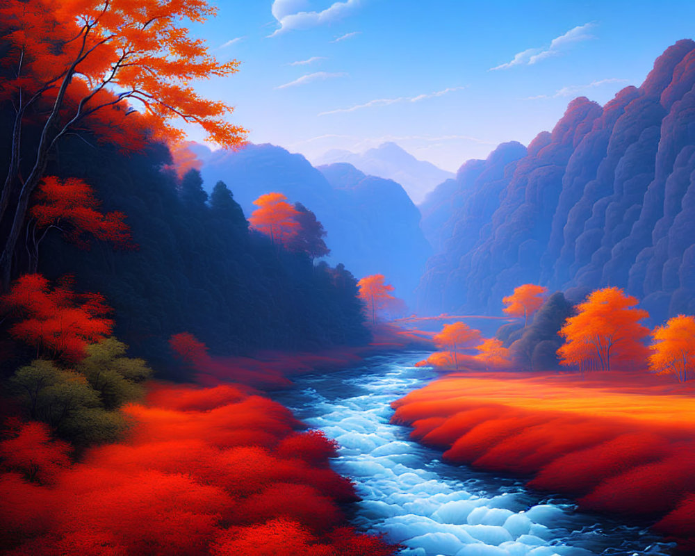 Scenic landscape: Blue river, red autumn forest, tree-covered cliffs