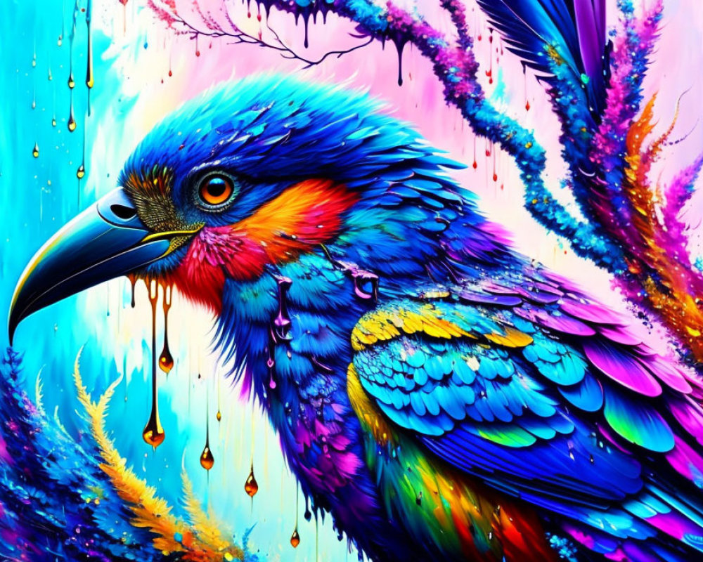 Colorful Bird Illustration with Dripping Paint Details