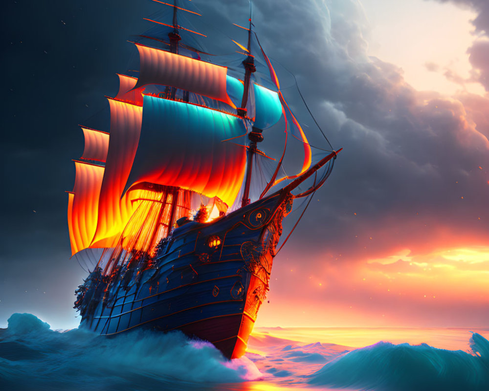 Majestic ship with red sails on high waves under dramatic sunset sky