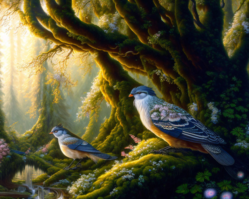 Detailed forest scene with fanciful birds on mossy branches and vibrant flora by serene stream