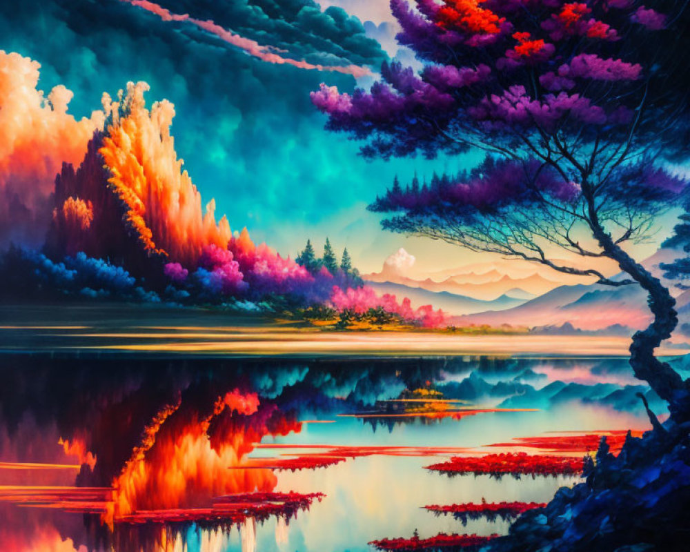 Colorful illuminated trees reflecting in serene lake at sunset or sunrise