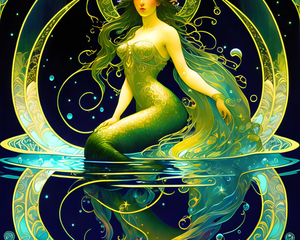 Colorful Mermaid Illustration with Floral Crown and Golden Details