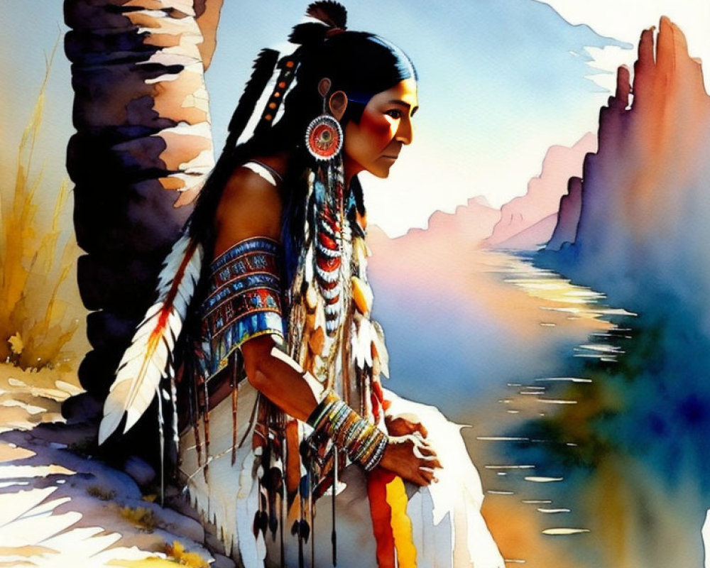 Traditional Native American man illustration by river with rock formations