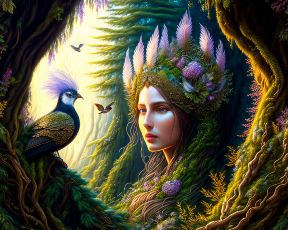 Woman in feathered headdress in enchanted forest with bird and butterflies