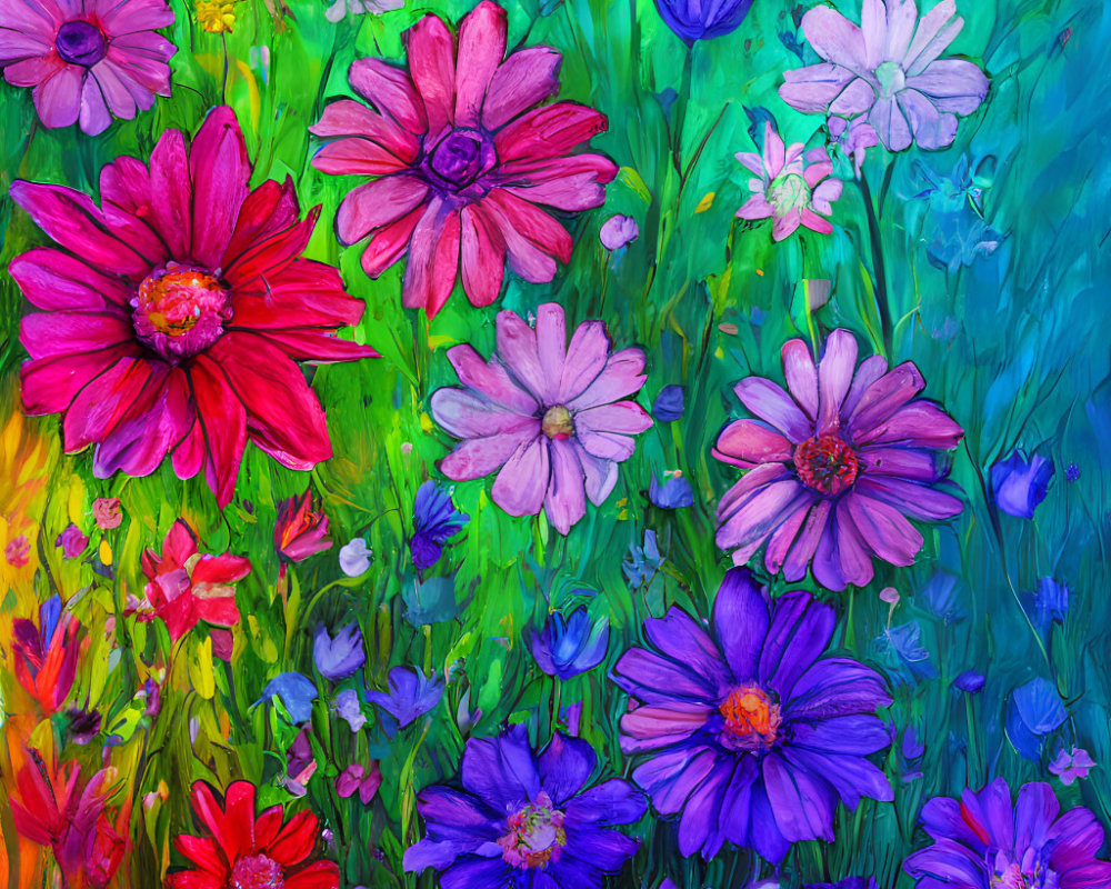 Colorful Flower Field Painting with Red, Pink, Purple, and Blue Flowers