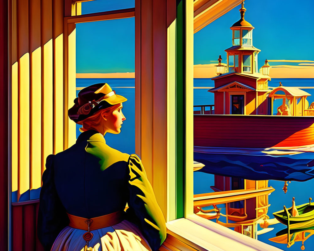Illustration of woman at window overlooking coastal scene
