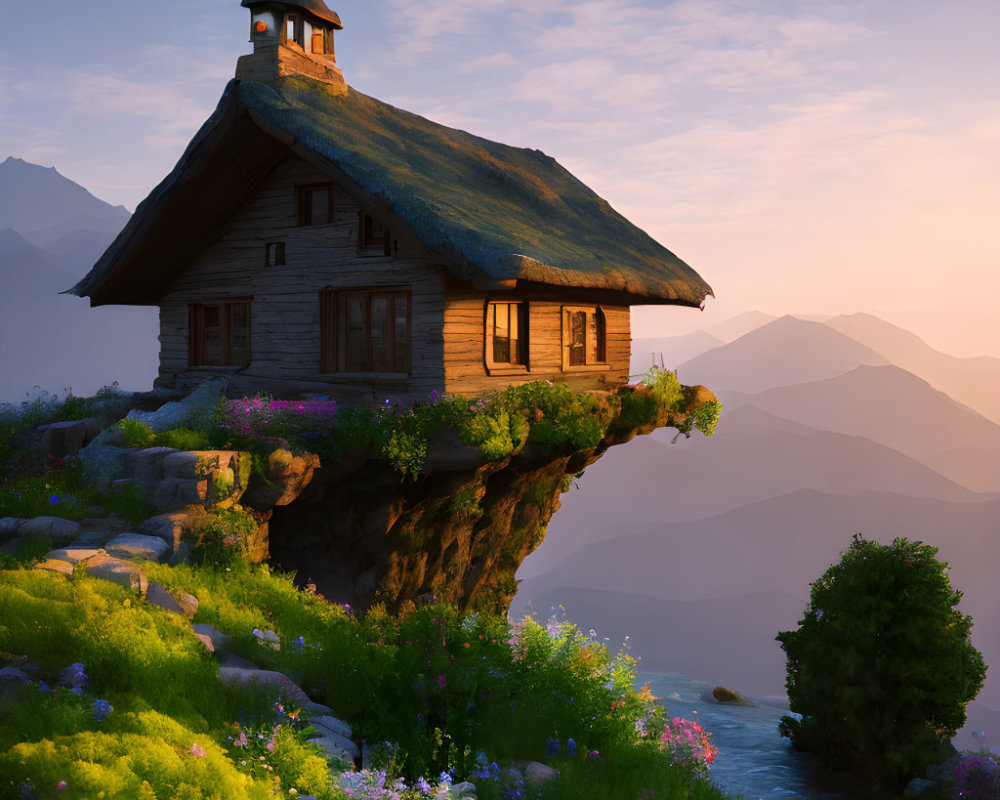 Rustic wooden house with thatched roof on cliff at sunrise