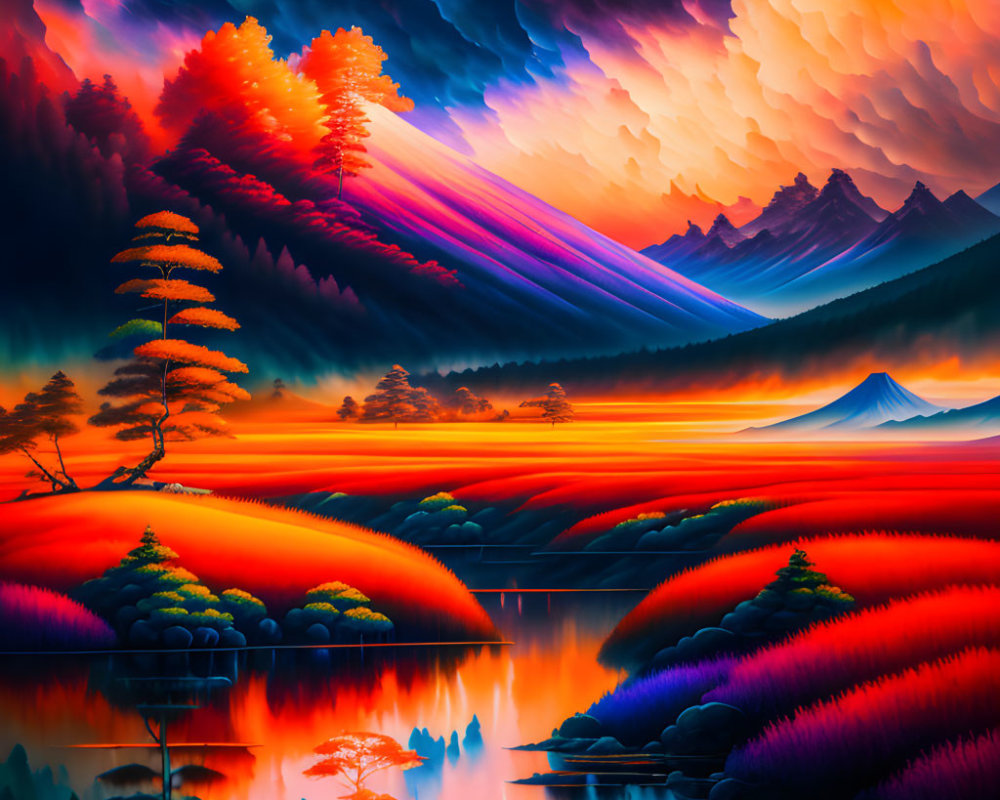 Colorful landscape painting: fiery trees, distant mountains, serene lake, dramatic sky with light rays.