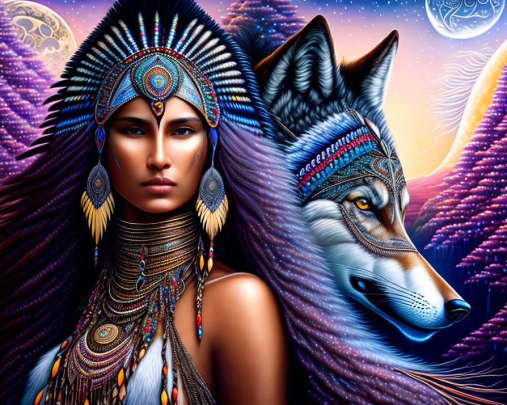 Colorful artwork: Woman in Native American headdress with wolf under starry sky
