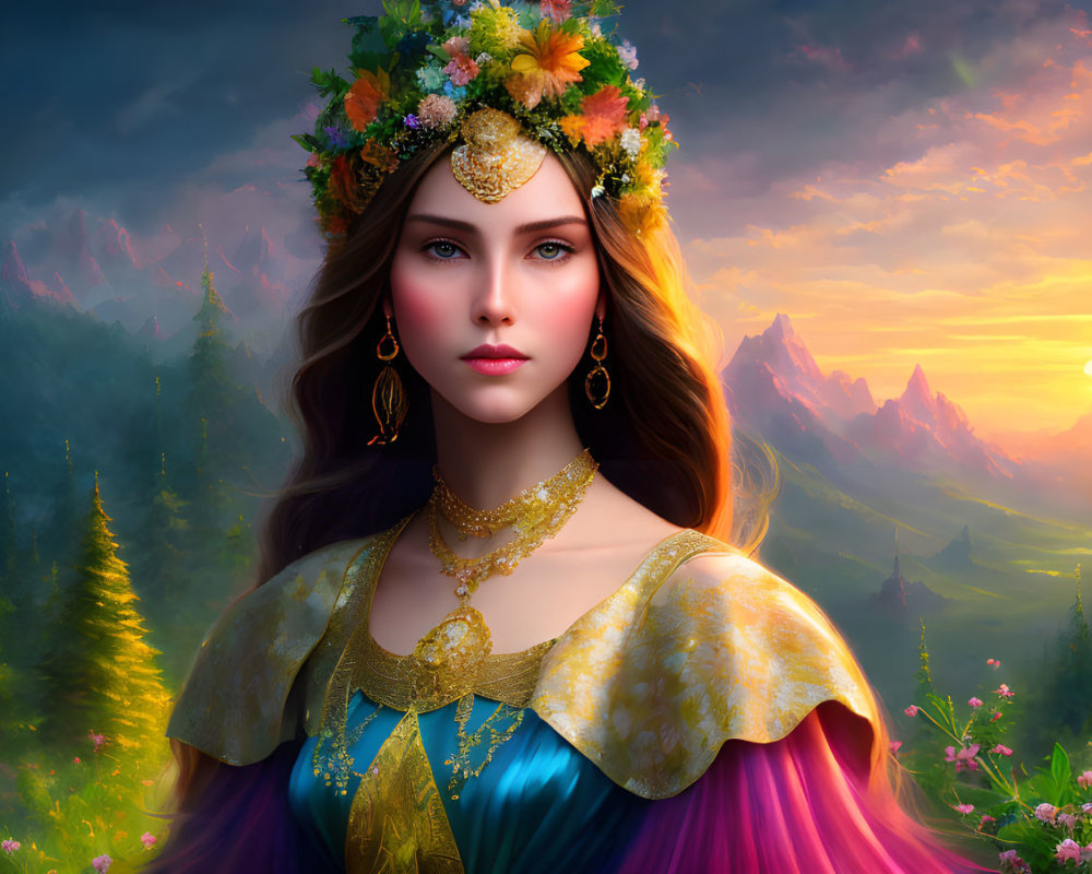 Digital art portrait of woman with floral crown and mountainous sunset landscape
