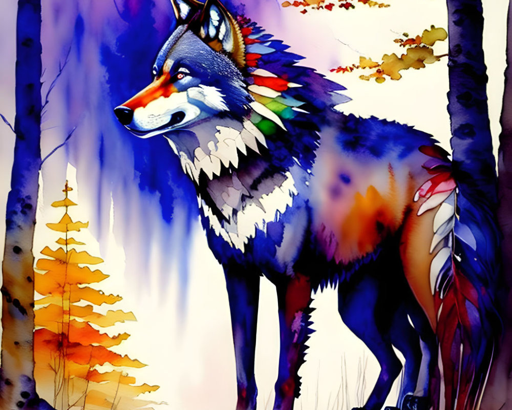 Vibrant autumn forest scene with colorful wolf illustration
