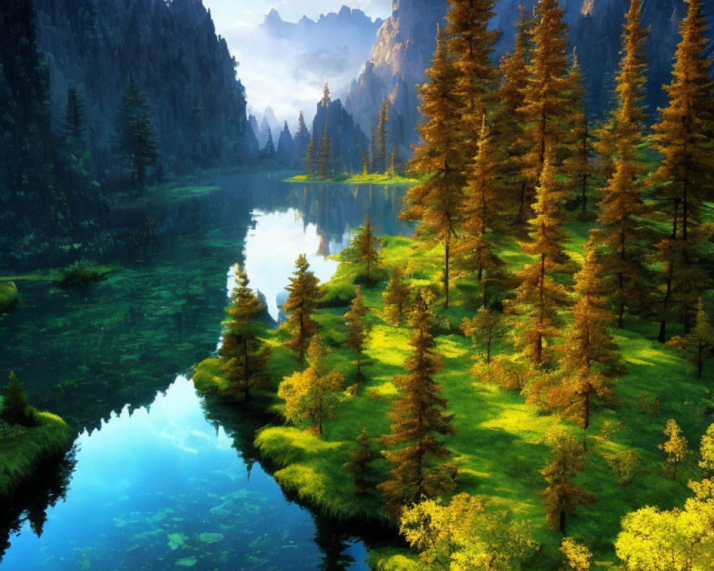 Tranquil forest scene with green trees, clear lake, and blue sky