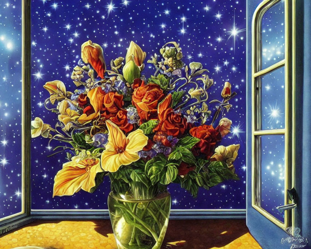 Colorful flowers in vase on window ledge under starry night sky
