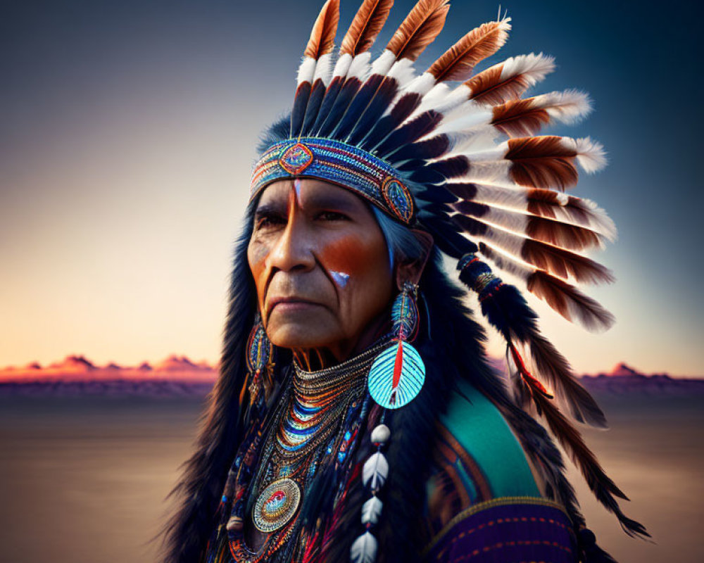 Native American person in traditional regalia under twilight sky