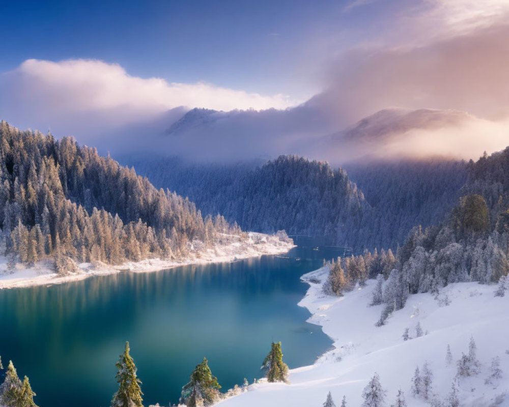 Snowy Lake Scene: Winter Landscape with Pine Trees and Misty Mountains