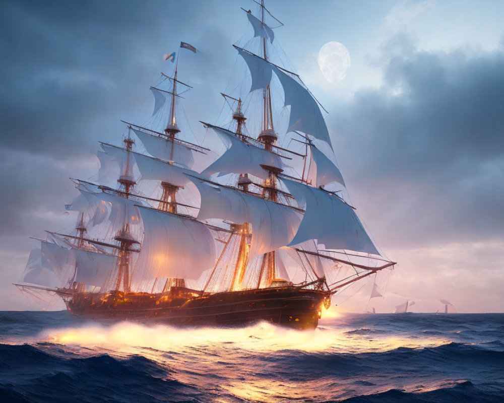 Tall ship sailing on turbulent sea at dusk with moon and warm glowing lights.