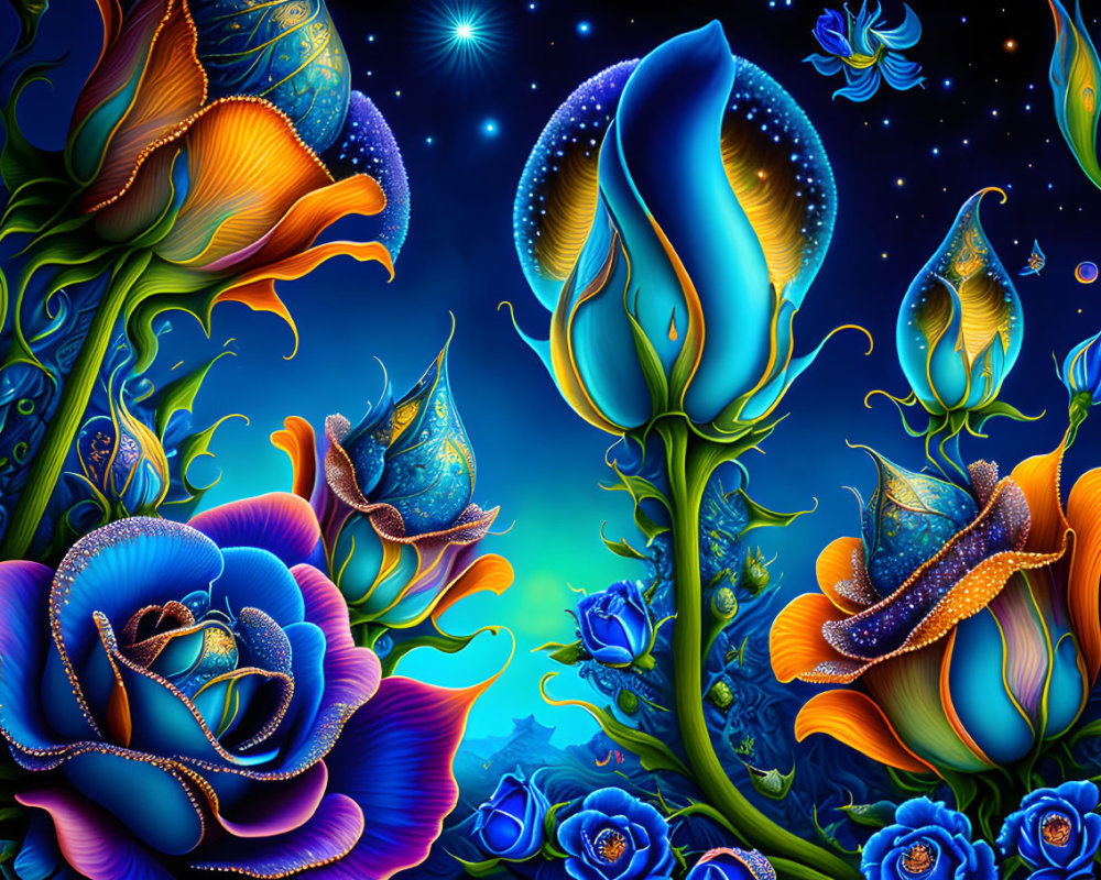 Surreal digital art: Luminous flowers, plants, and creatures in blue and orange on