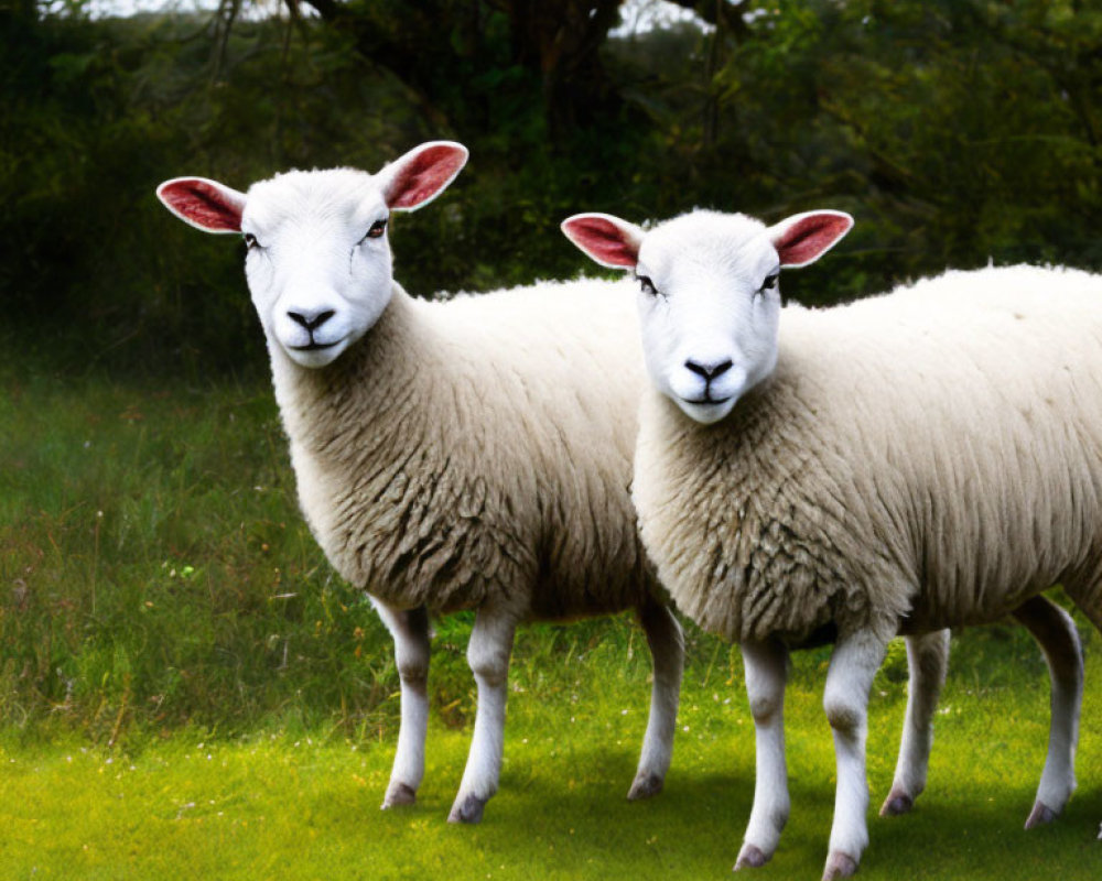 Two Sheep in Green Field with Blurred Background