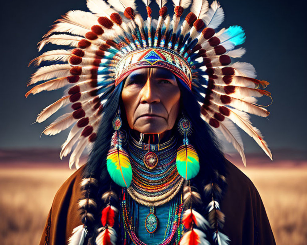 Native American wearing headdress with feathers in traditional regalia.