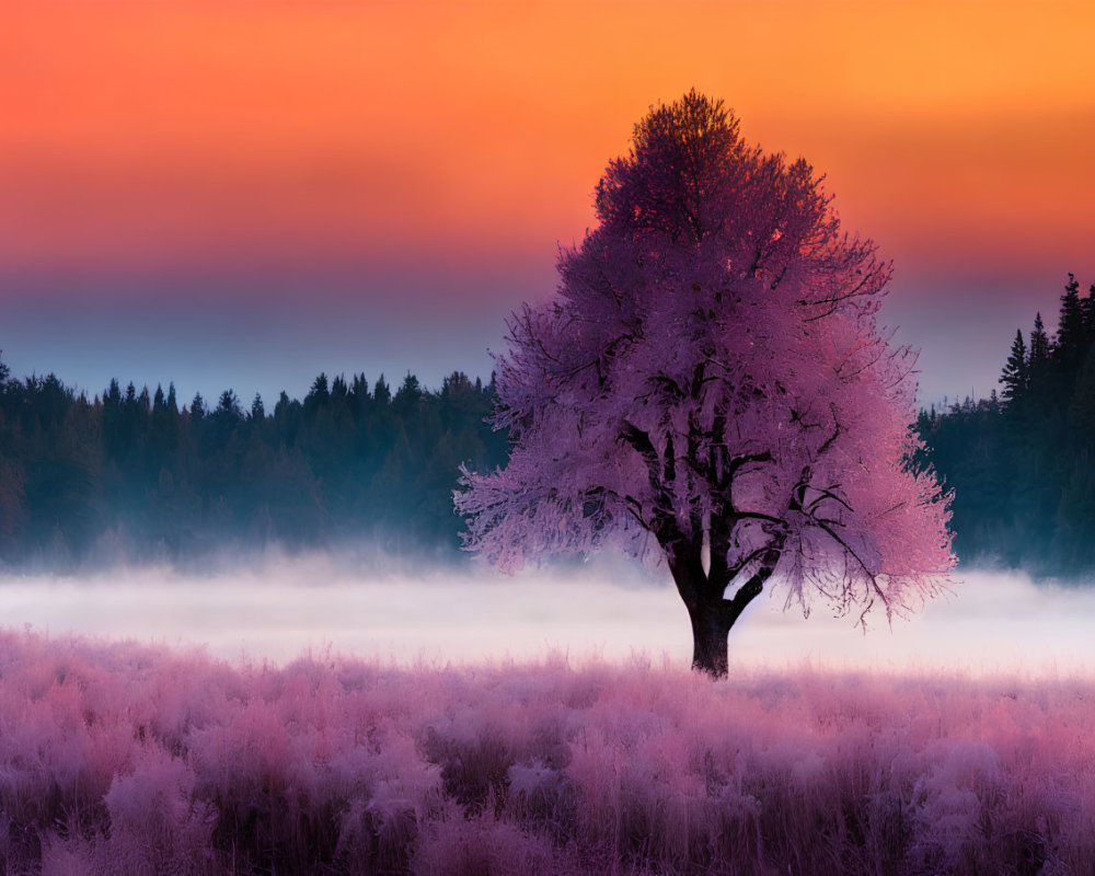 Frost-covered tree in misty mauve meadow with sunset sky