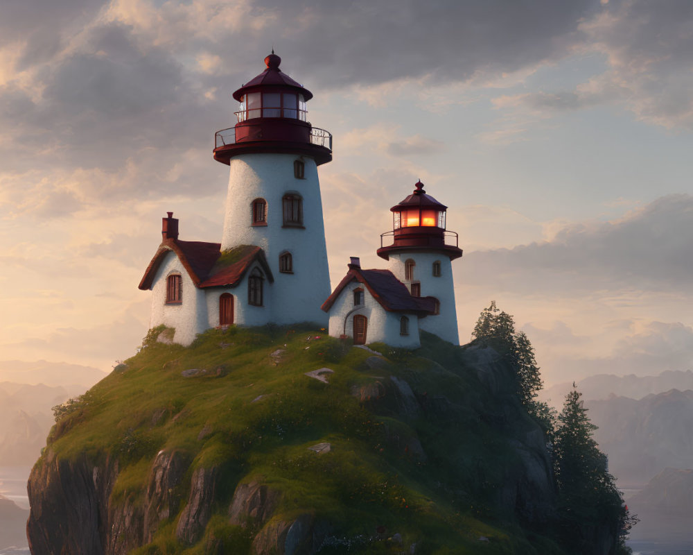 Picturesque lighthouses on lush hilltop at sunset