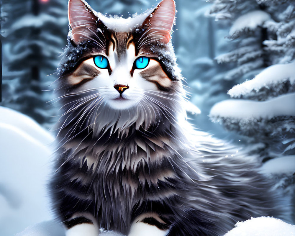 Majestic long-haired cat with blue eyes in snowy forest portrait