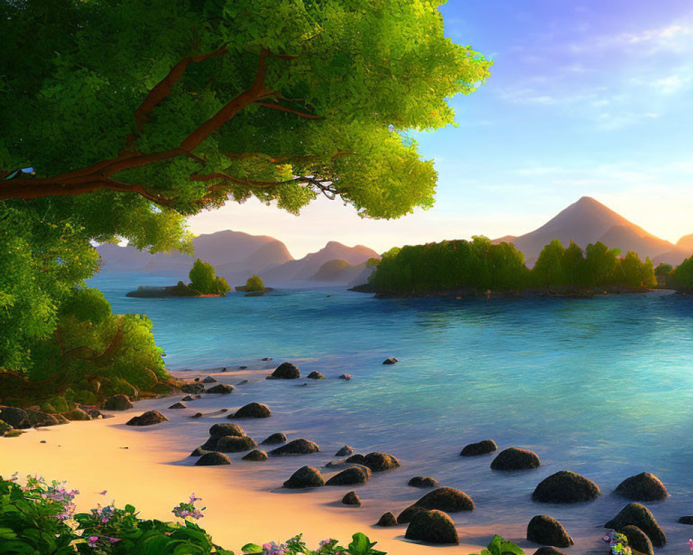 Tranquil beach scene with lush tree, turquoise water, volcanic mountains, sandy shore