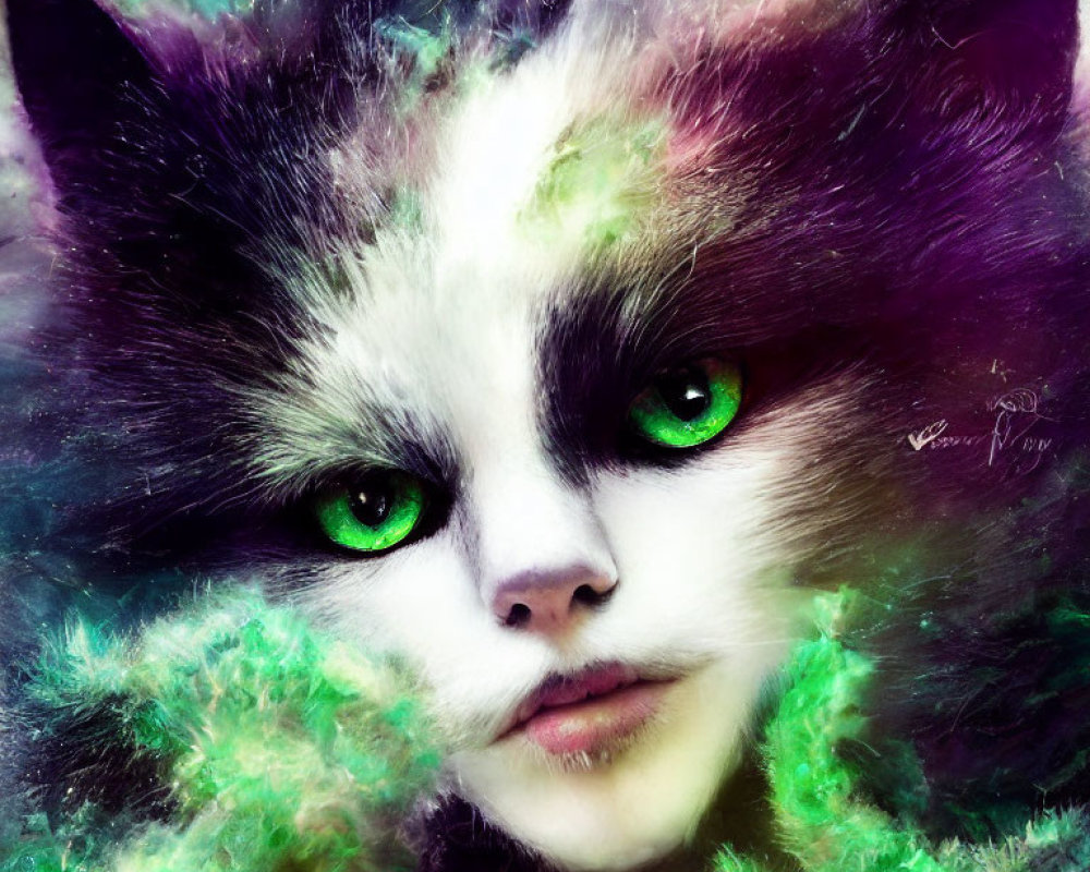 Surreal human face with feline features against cosmic background