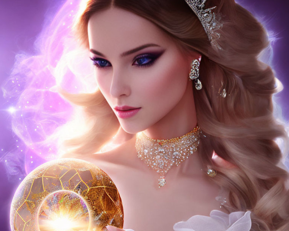 Digital artwork of woman with crown and glowing orb in mystical setting