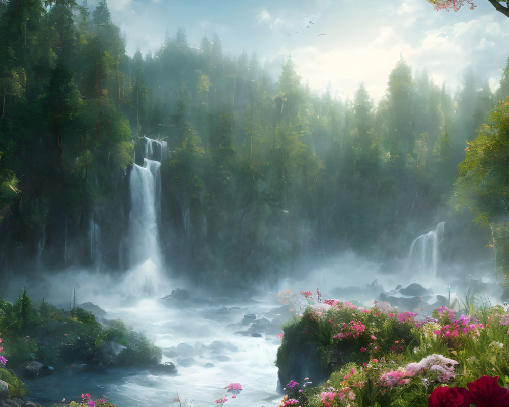 Tranquil landscape with waterfalls, lush greenery, mist, and vibrant flowers