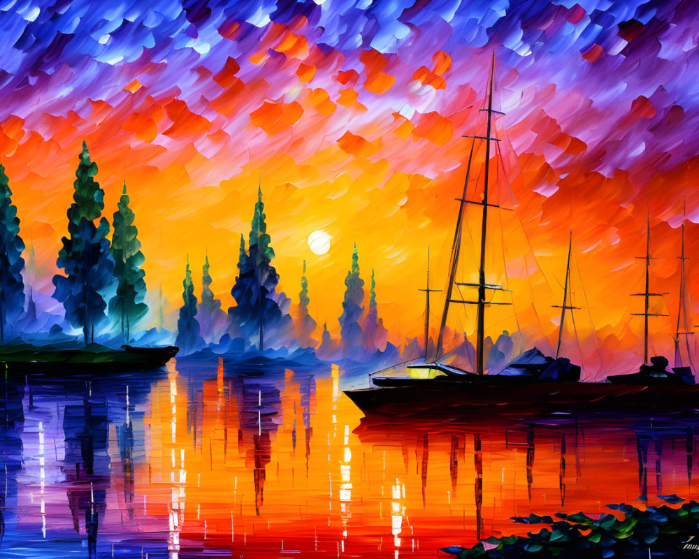 Vibrant sailboat painting at dusk with colorful reflections and vivid sky.