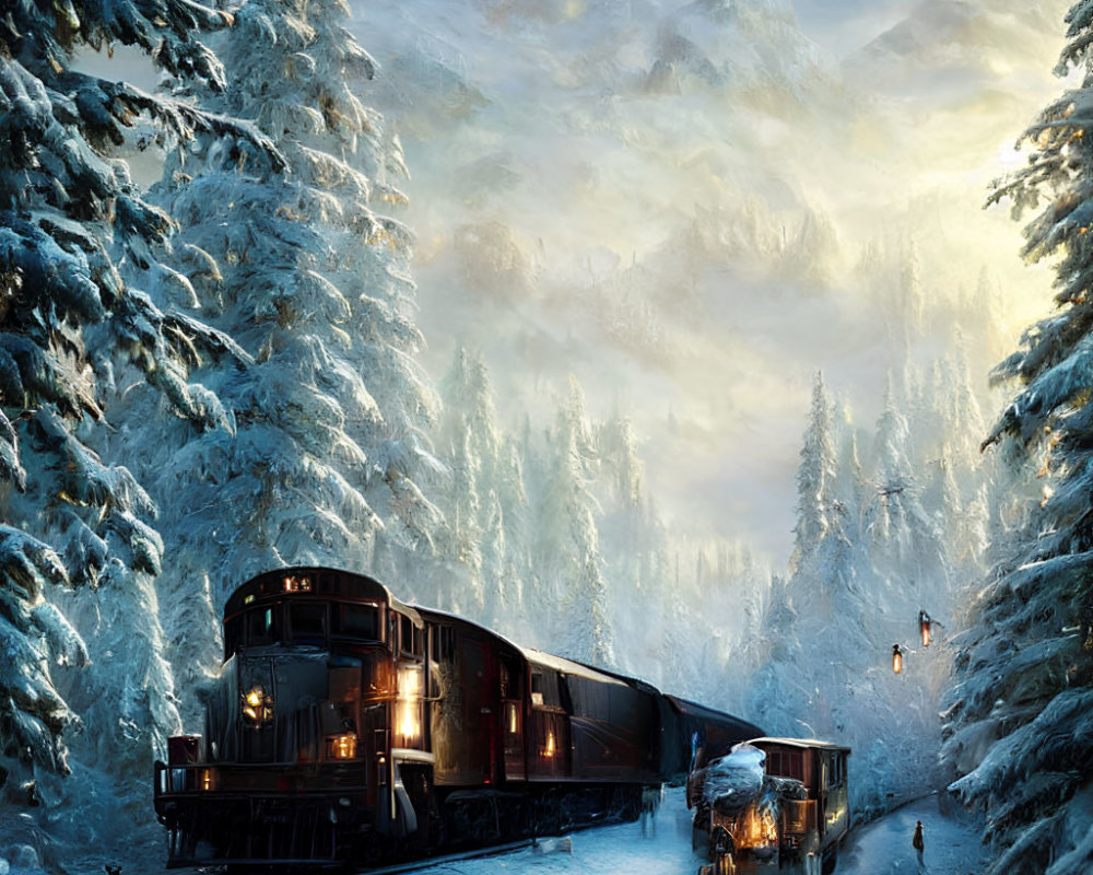 Snowy forest train journey through serene winter landscape