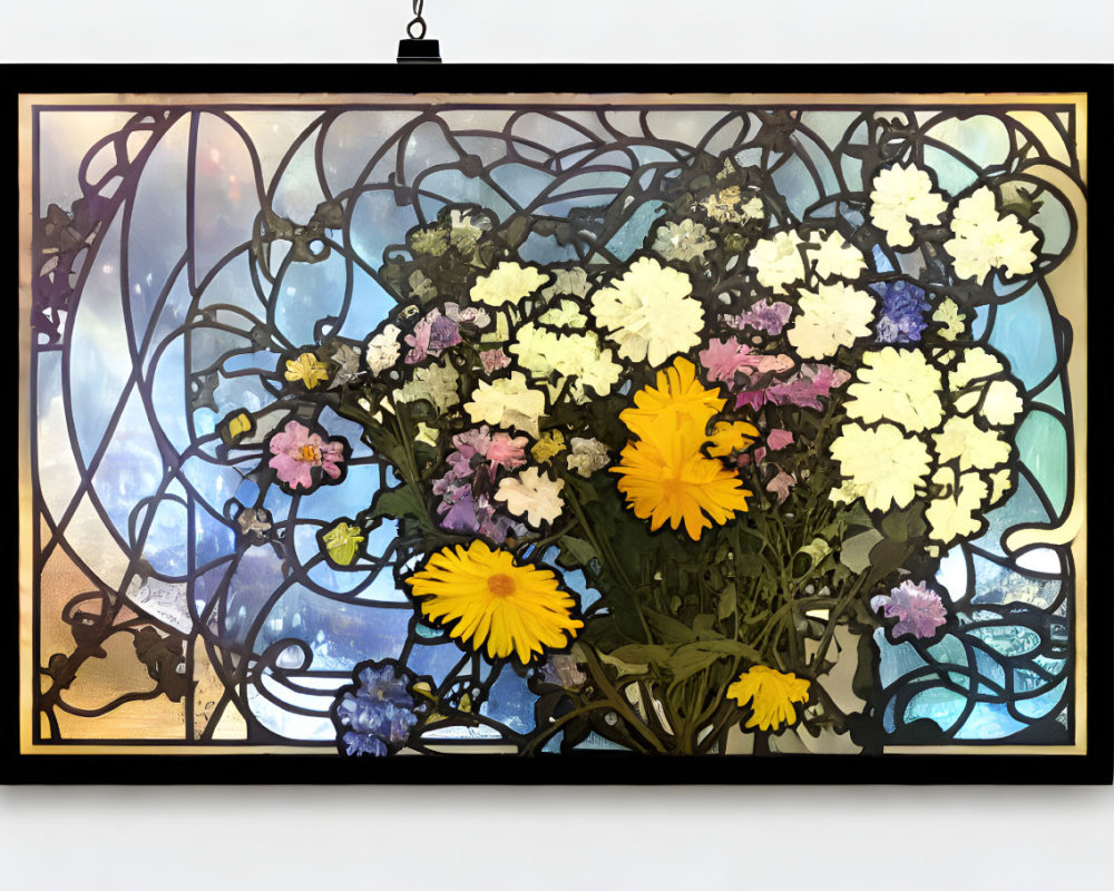 Art Nouveau stained glass window with intricate floral patterns